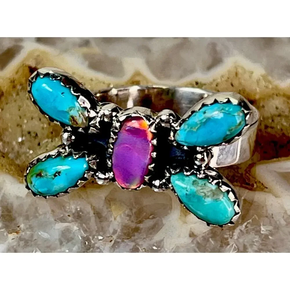 Southwest Sterling Silver Kingman Turquoise Pink Opal Butterfly Cluster Ring